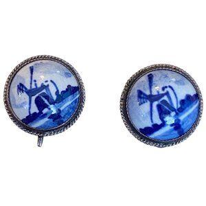 Vintage Delft Blue Porcelain Screw-Back Earrings With Windmill Design